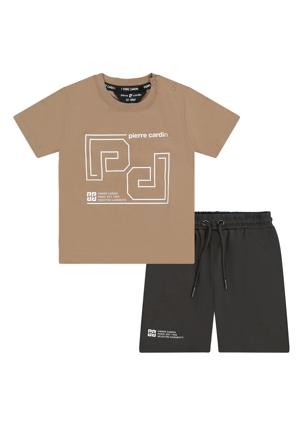 חליפת טריקו PIERRE CARDIN עם הדפס גרפי ריבועי גדול במרכז החולצה והדפס תואם במכנס לילדים BROWN / 4Y