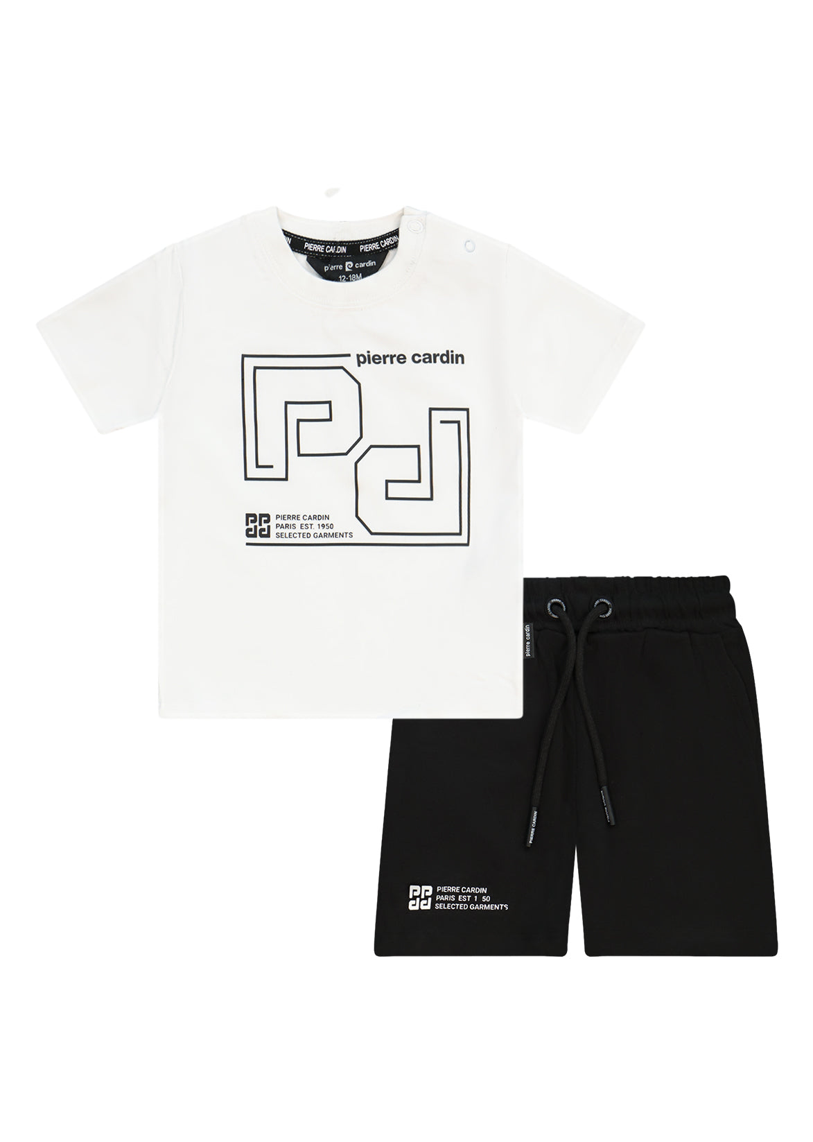חליפת טריקו PIERRE CARDIN עם הדפס ריבוע בולט בחולצה והדפס משלים במכנס לתינוקות WHITE / 3-6M